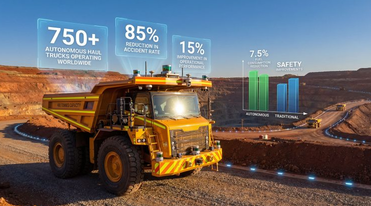 Autonomous mining haul truck with safety technology and autonomous operations stats